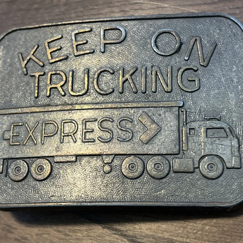 Vintage 70s Keep on Trucking Express Semi Truck Belt Buckle Brass 3x2.25